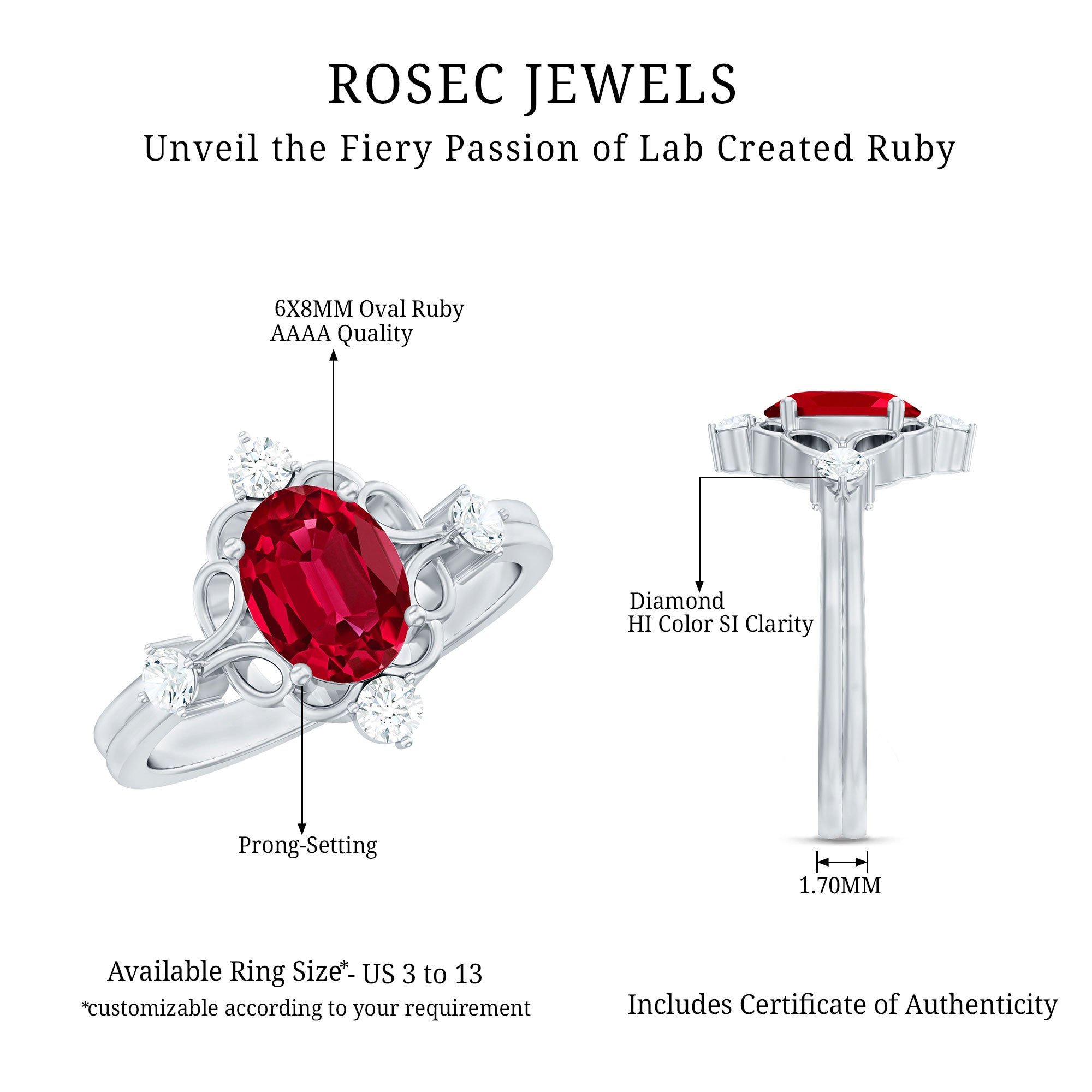 Rosec Jewels-Oval Cut Created Ruby Solitaire Cocktail Ring with Diamond