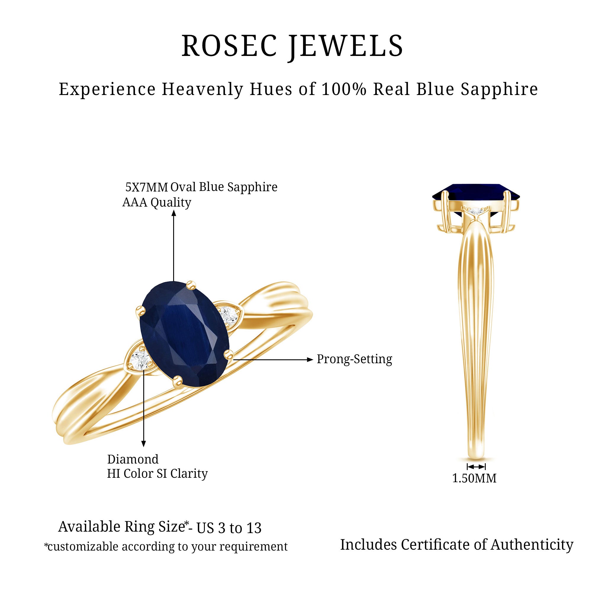 Rosec Jewels-Oval Shape Real Blue Sapphire Solitaire Ring with Diamond