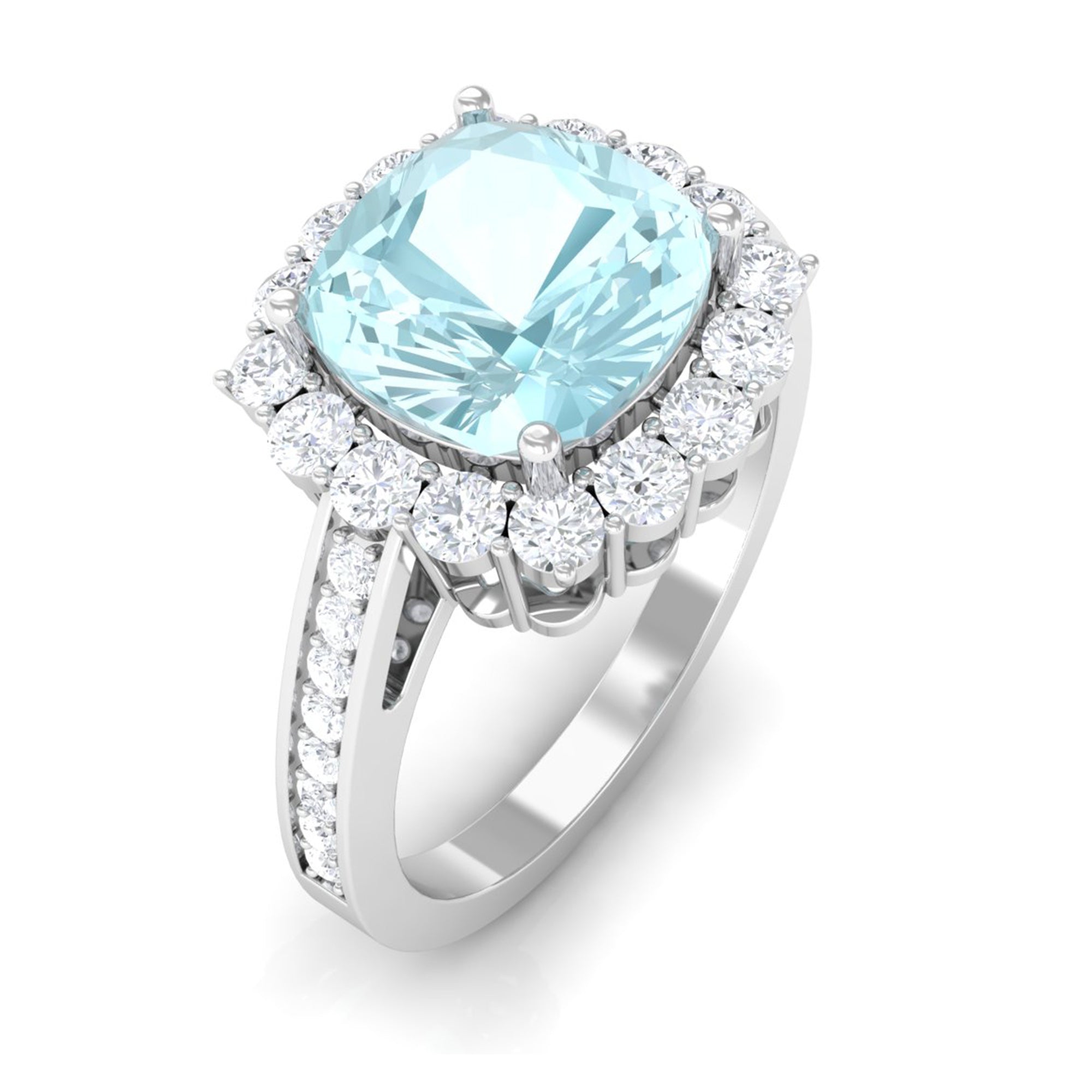 Cushion Cut Sky Blue Topaz Halo Engagement Ring with Moissanite Sky Blue Topaz - ( AAA ) - Quality - Rosec Jewels