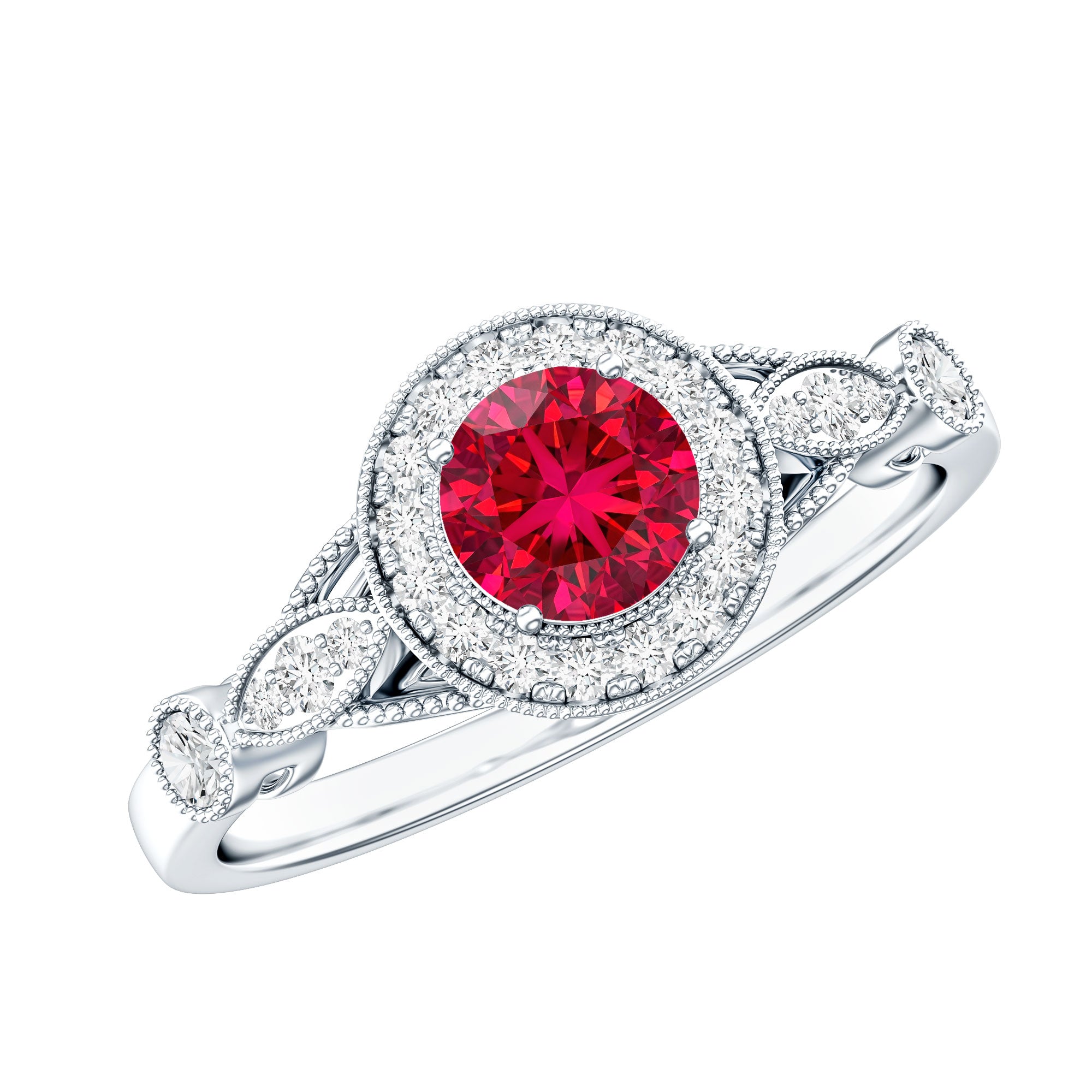Antique Inspired Lab Created Ruby and Diamond Engagement Ring AAAA - Rosec Jewels