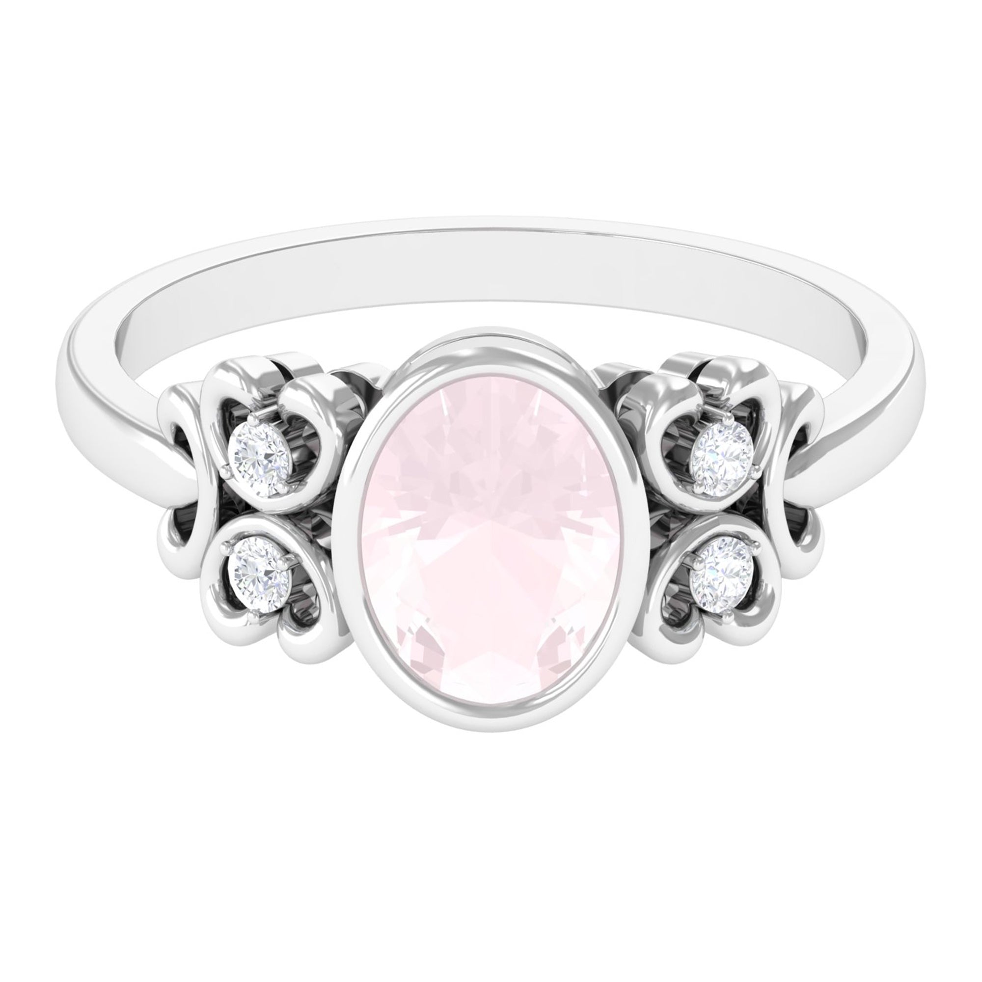 Bezel Set Oval Rose Quartz Statement Engagement Ring with Diamond Rose Quartz - ( AAA ) - Quality - Rosec Jewels