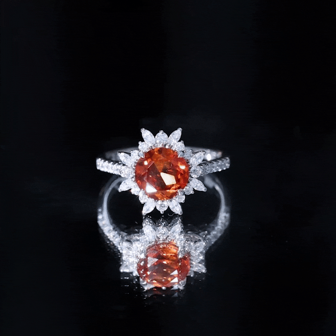 Created Orange Sapphire Cocktail Ring with Moissanite Floral Halo Lab Created Orange Sapphire - ( AAAA ) - Quality - Rosec Jewels