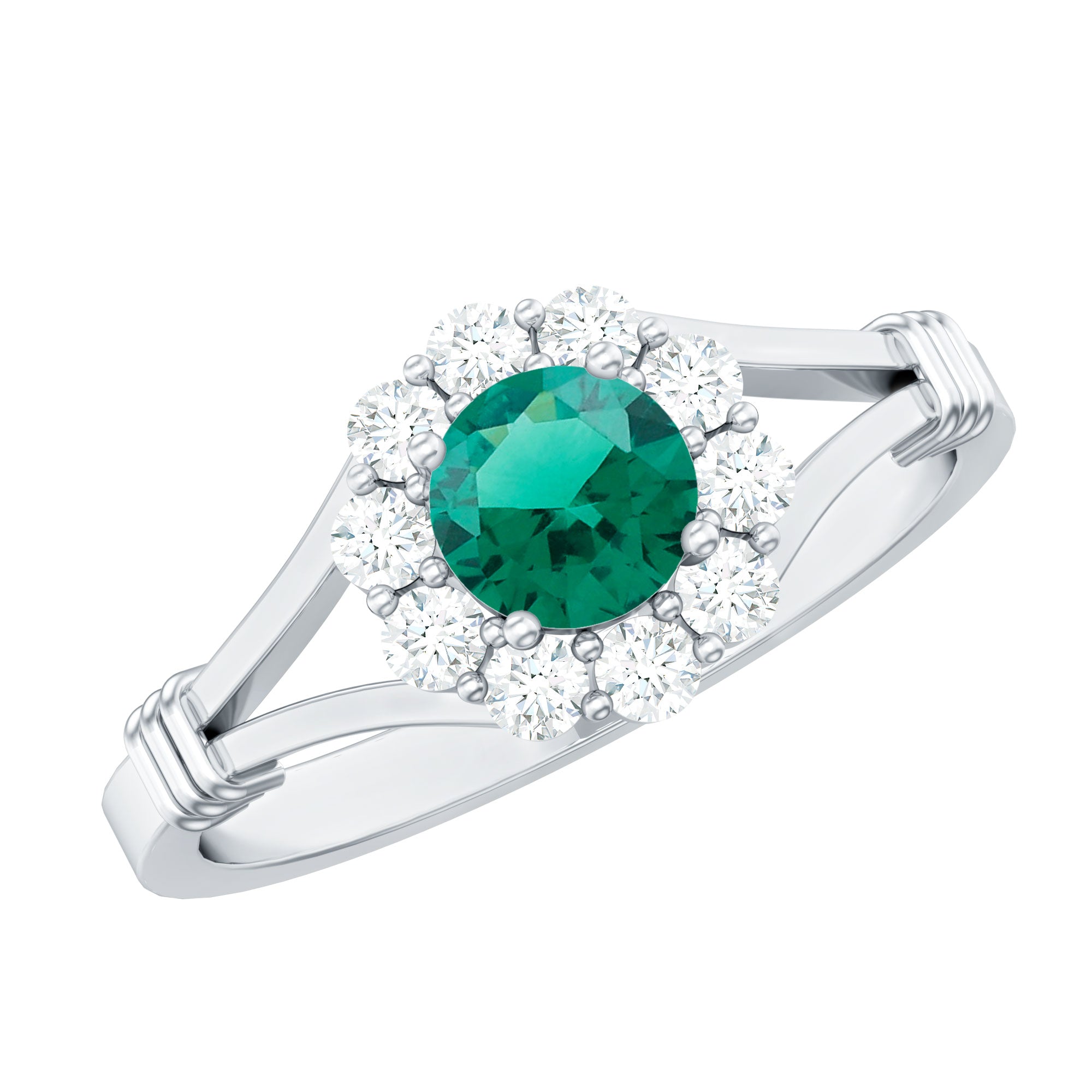 Certified 6mm Lab Grown Emerald Diamond Flower Engagement Ring with Split Shank