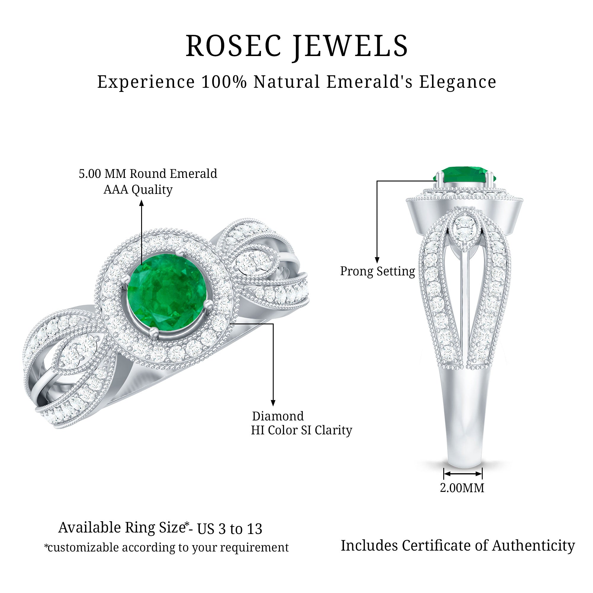 Real Emerald Diamond Vintage Looking Engagement Ring with Split Shank AAA - Rosec Jewels