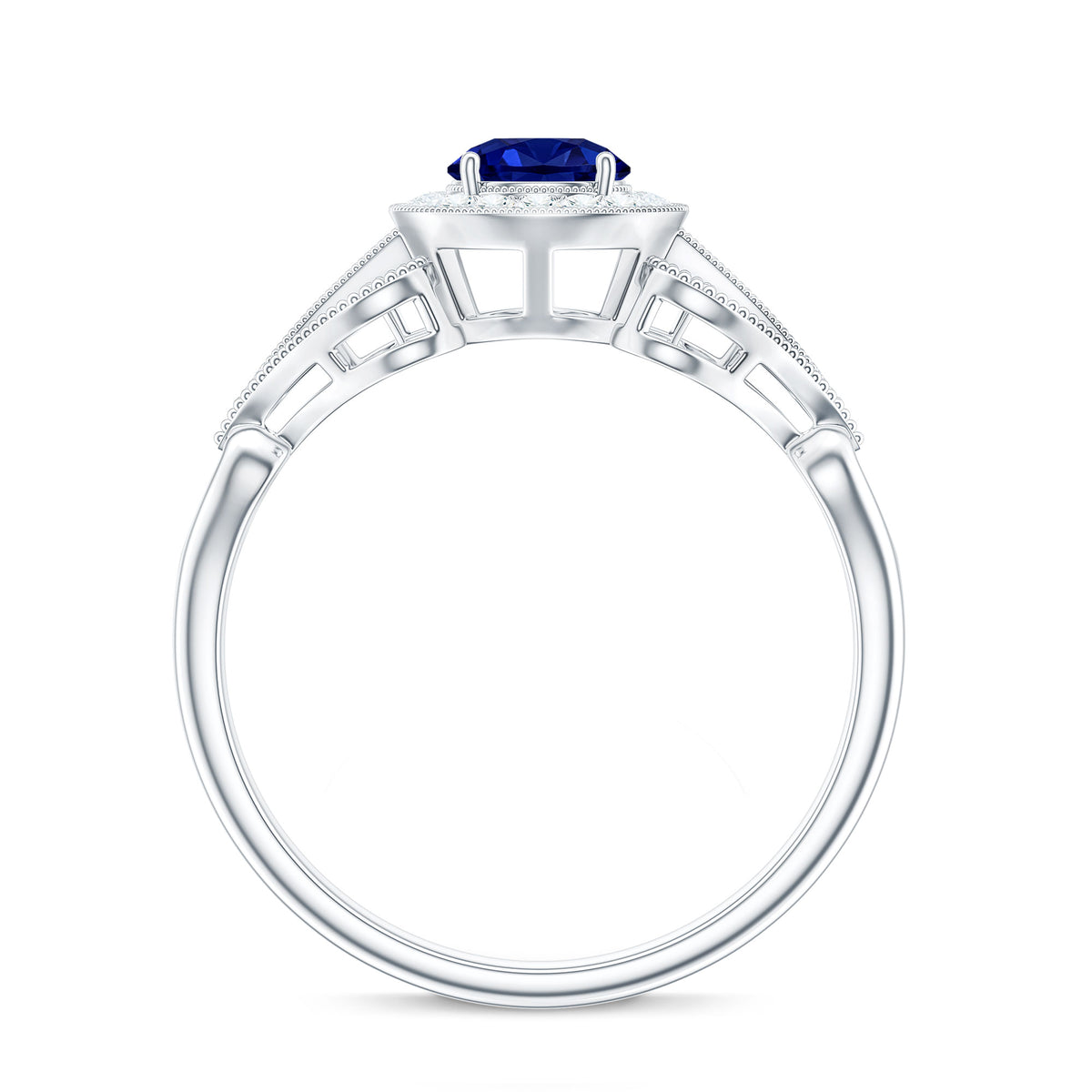 Certified 0.6 Carat Lab Grown Blue Sapphire Retro Engagement Ring with Diamond AAAA - Rosec Jewels