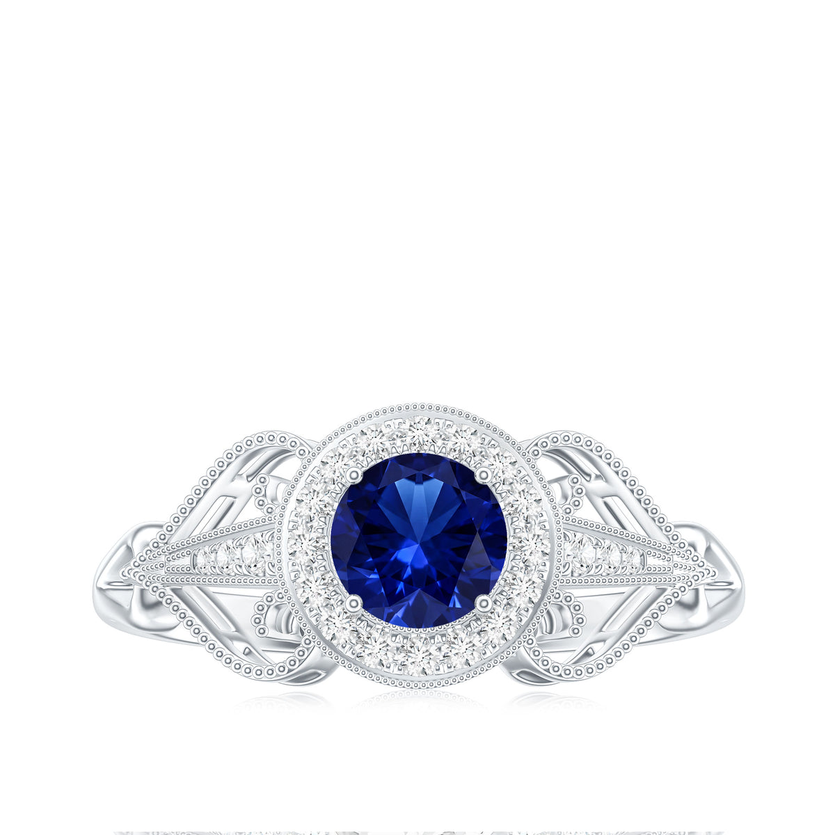Certified 0.6 Carat Lab Grown Blue Sapphire Retro Engagement Ring with Diamond AAAA - Rosec Jewels