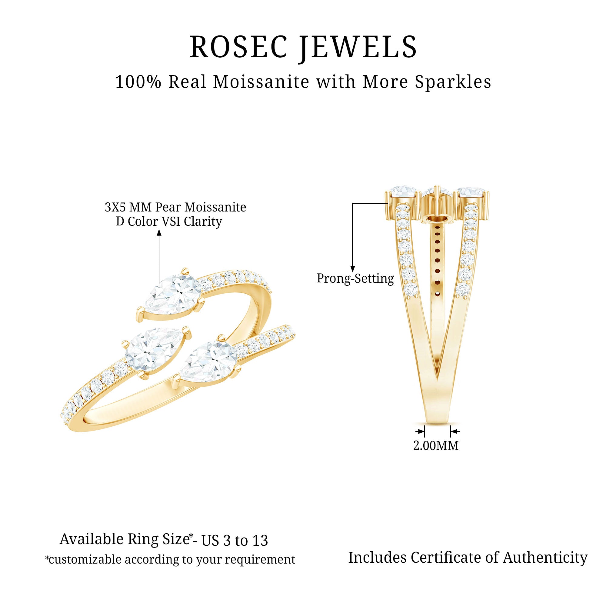 East West Style Moissanite 3 Stone Wrap Ring D-VS1 - Rosec Jewels