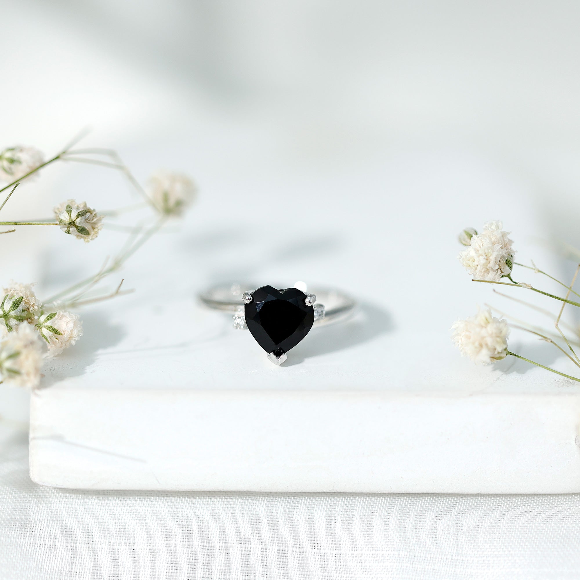 Heart Shaped Black Onyx Engagement Ring with Diamonds AAA - Rosec Jewels