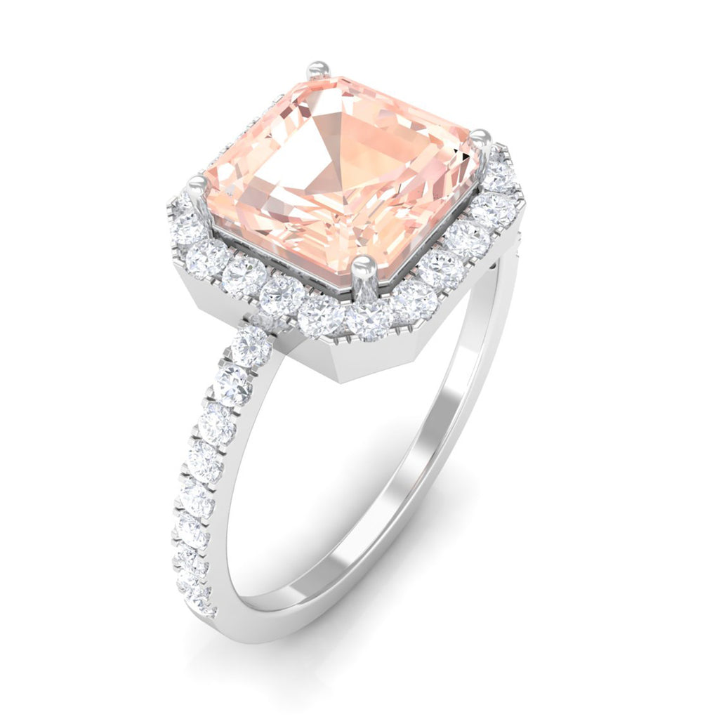 Asscher Cut Morganite Halo Engagement Ring with Diamond Morganite - ( AAA ) - Quality - Rosec Jewels