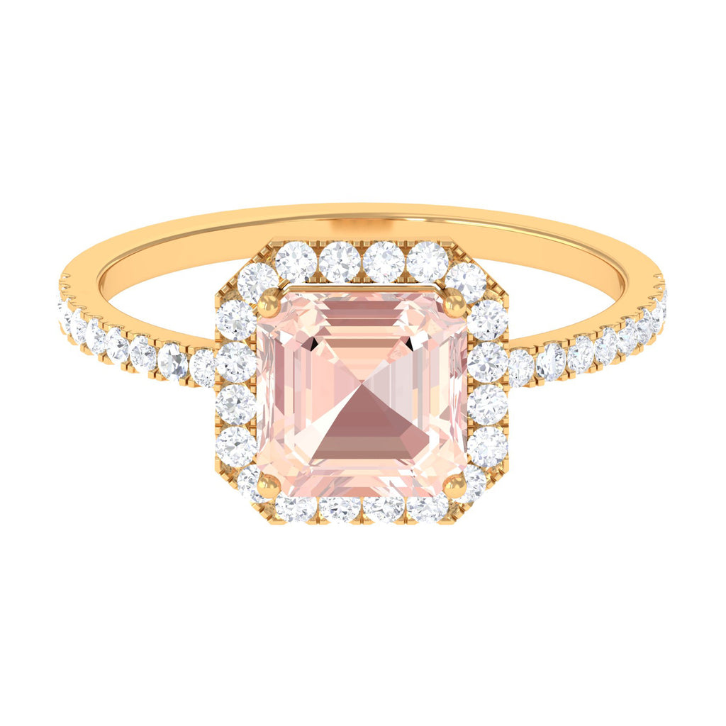 Asscher Cut Morganite Halo Engagement Ring with Diamond Morganite - ( AAA ) - Quality - Rosec Jewels