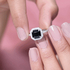 Asscher Cut Black Onyx Halo Engagement Ring with Diamond Black Onyx - ( AAA ) - Quality - Rosec Jewels