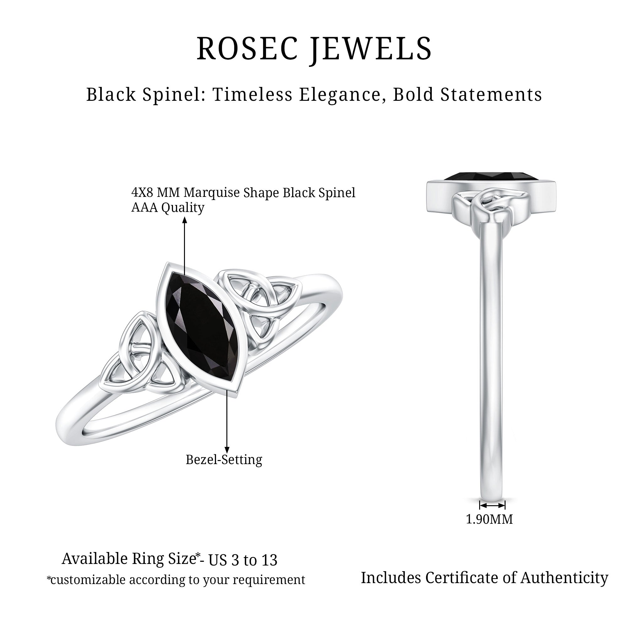 Rosec Jewels-Marquise Shape Black Spinel Solitaire Promise Ring
