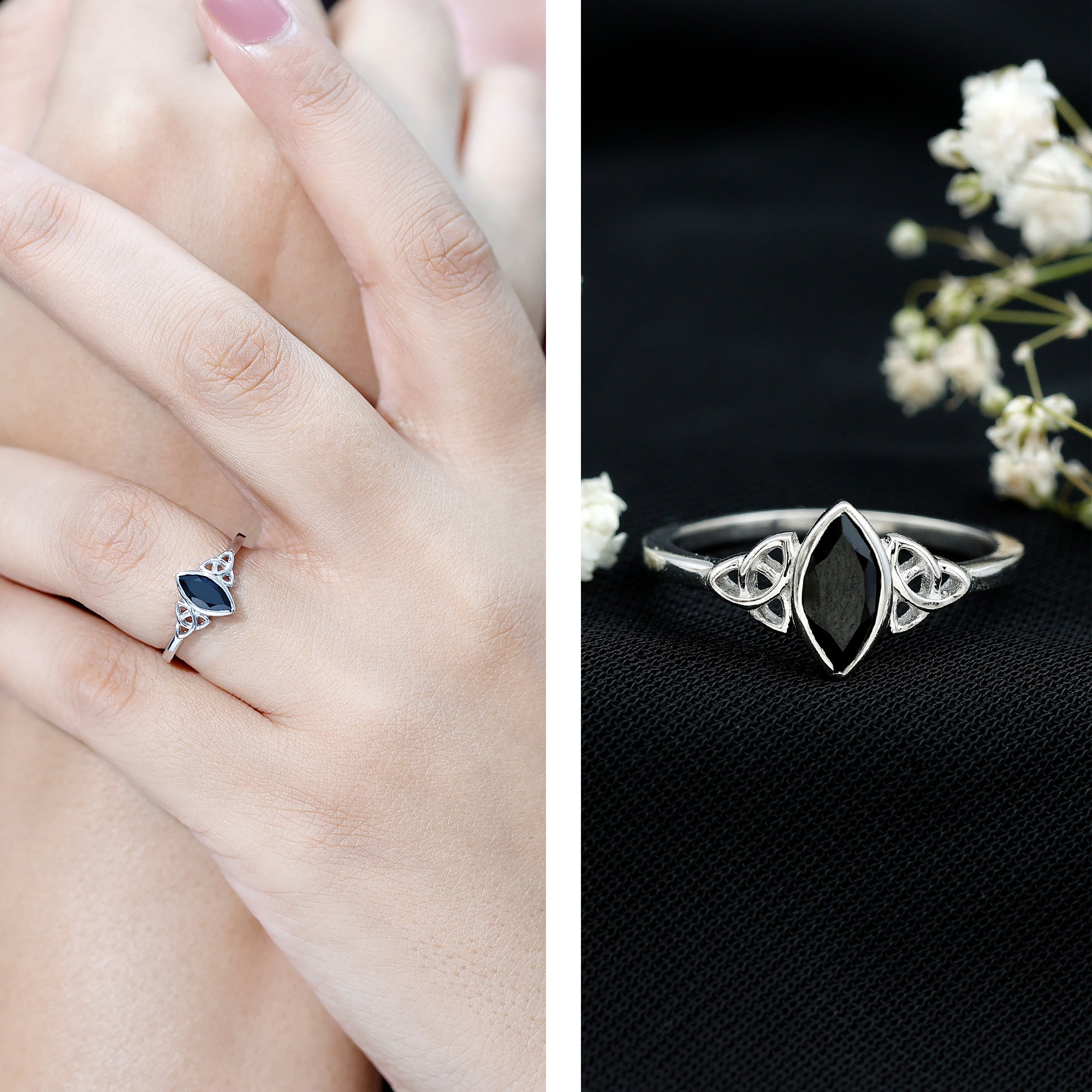 Rosec Jewels-Marquise Shape Black Spinel Solitaire Promise Ring