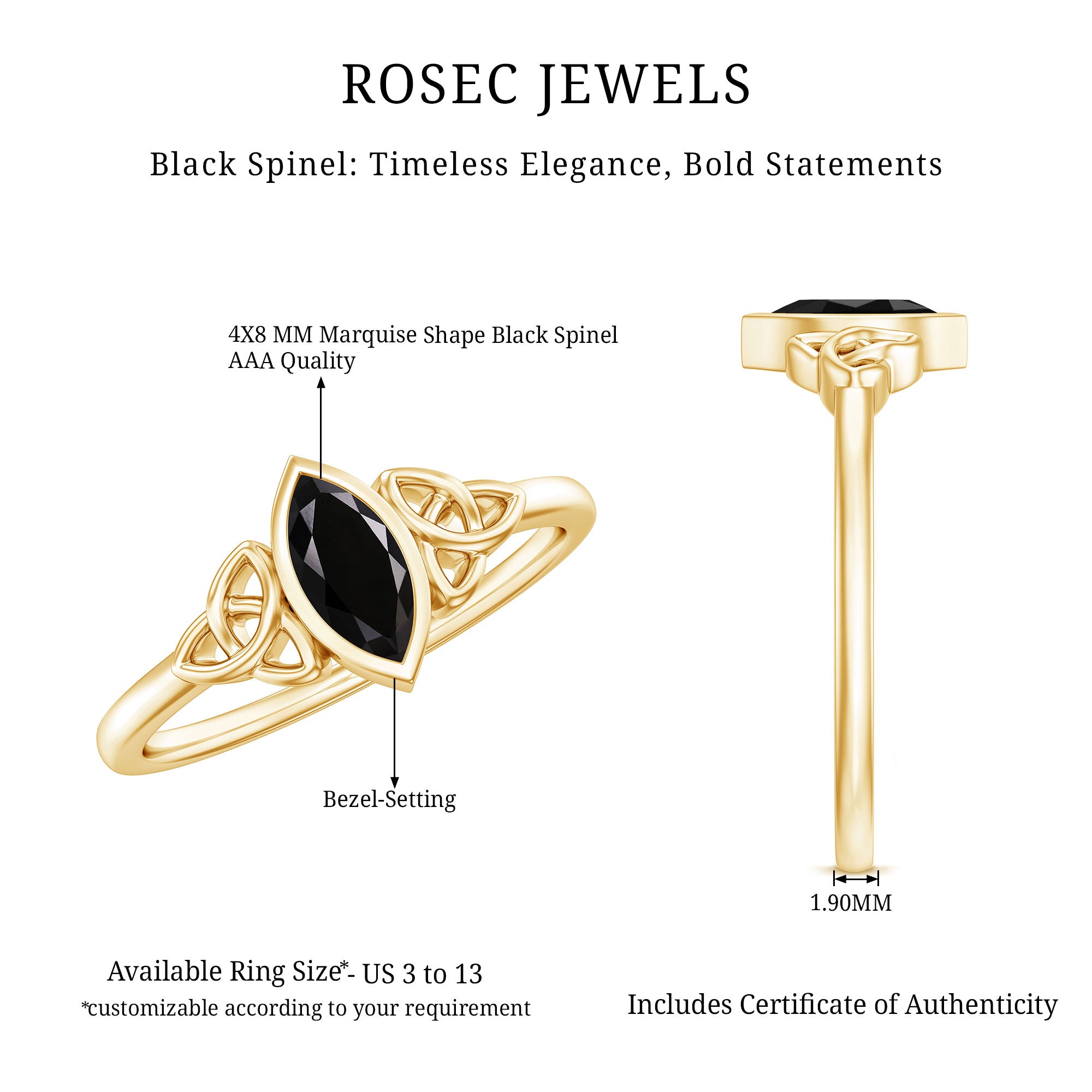 Rosec Jewels-Marquise Shape Black Spinel Solitaire Promise Ring