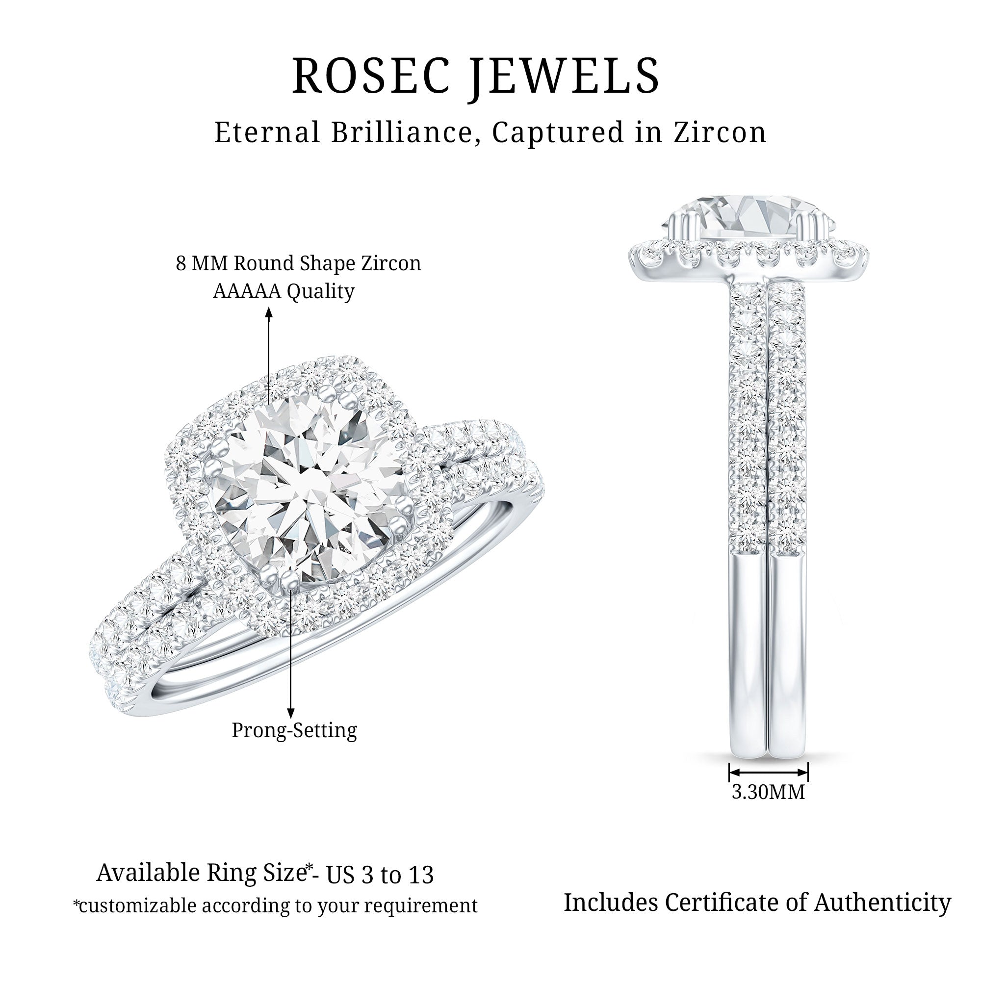 2 Carat Cubic Zirconia Engagement Ring with Wedding Band in Silver AAAAA 92.5 Sterling Silver - Rosec Jewels