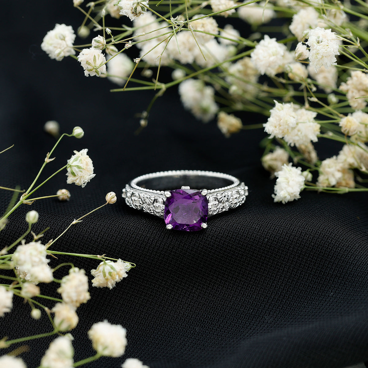 Vintage Inspired 2 Carat Amethyst Cushion Cut Engagement Ring with Diamond AAA - Rosec Jewels