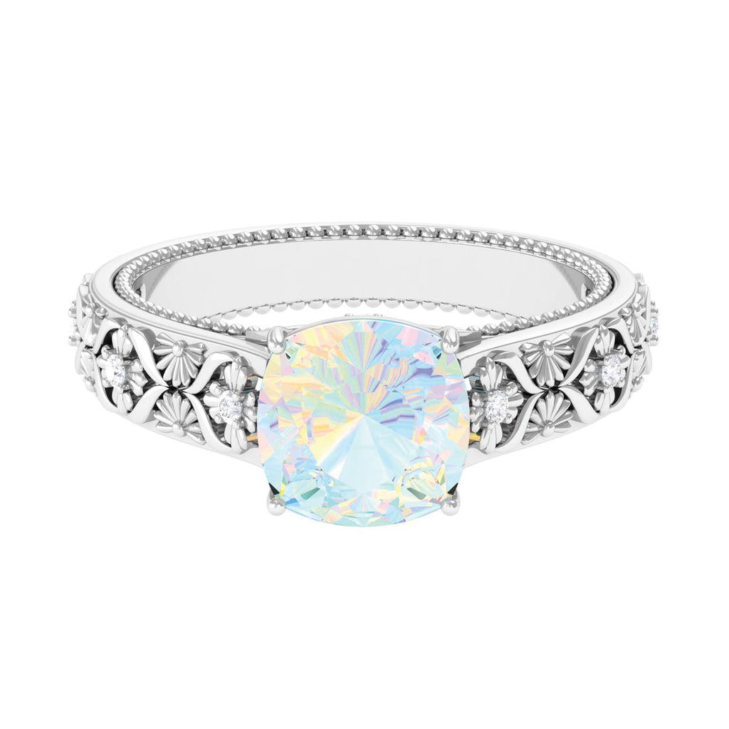 Rosec Jewels-Cushion Cut Solitaire Ethiopian Opal Floral Engagement Ring with Diamond
