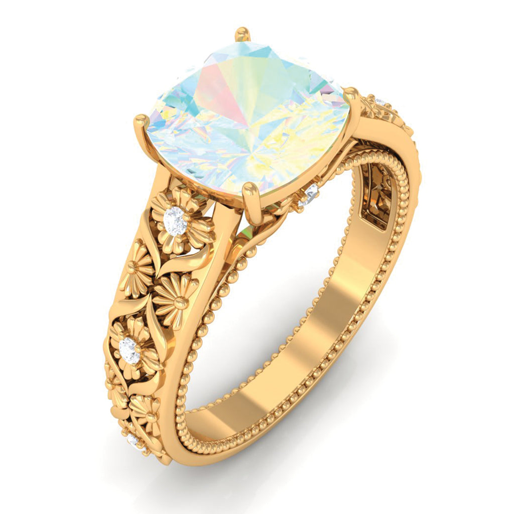 Cushion Cut Solitaire Ethiopian Opal Floral Engagement Ring with Diamond Ethiopian Opal - ( AAA ) - Quality - Rosec Jewels