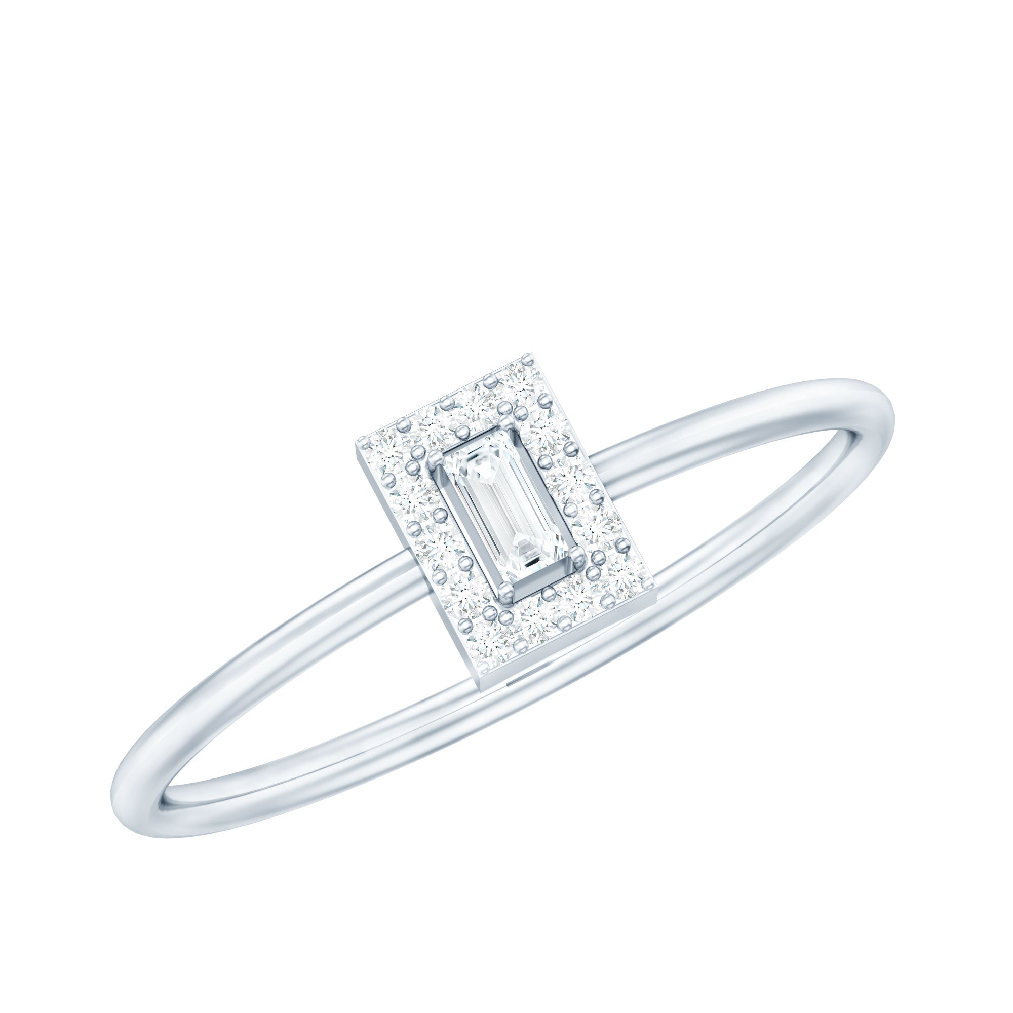 Rosec Jewels-Dainty Baguette Cut Moissanite Promise Ring with Halo