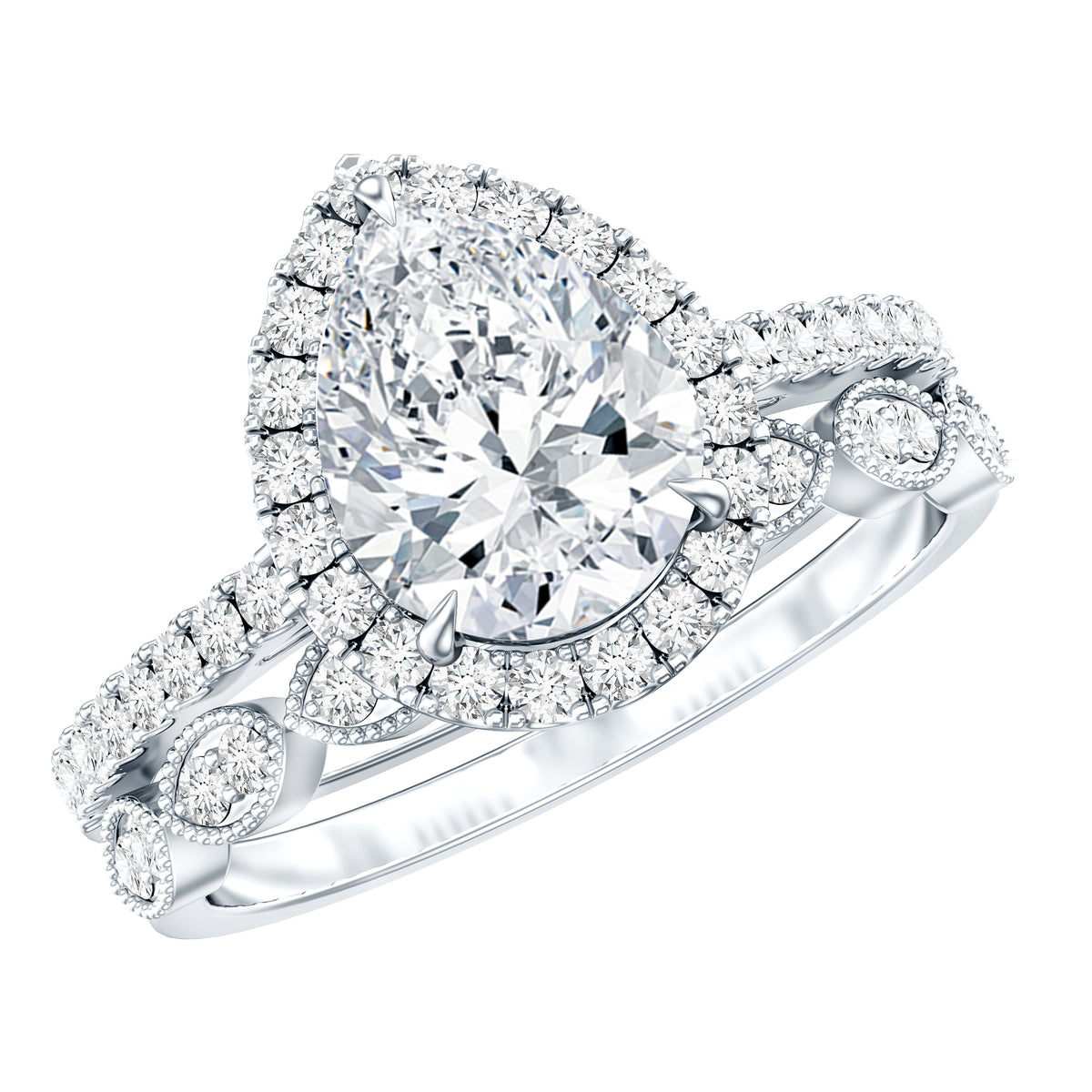Certified Moissanite Teardrop Engagement Ring Set D-VS1 - Rosec Jewels