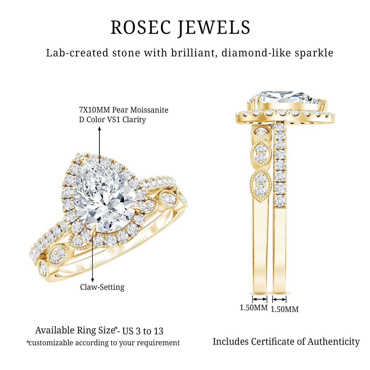 Certified Moissanite Teardrop Engagement Ring Set D-VS1 - Rosec Jewels