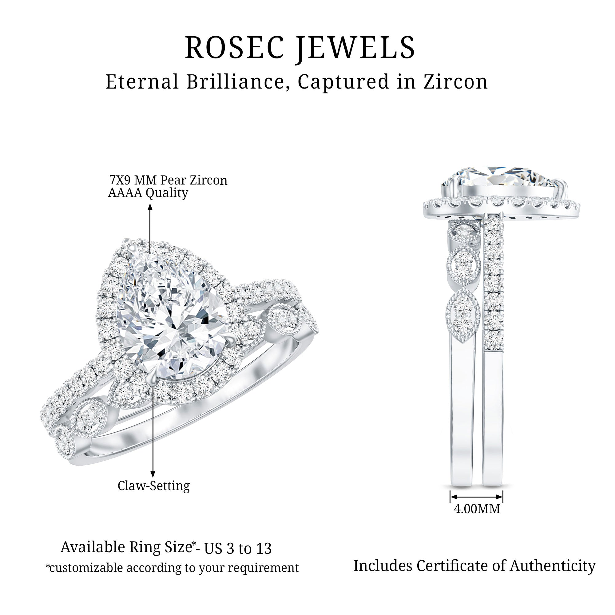 Sterling Silver 1.5 Carat Cubic Zirconia Engagement Ring with Enhancer AAAA 92.5 Sterling Silver 5 - Rosec Jewels