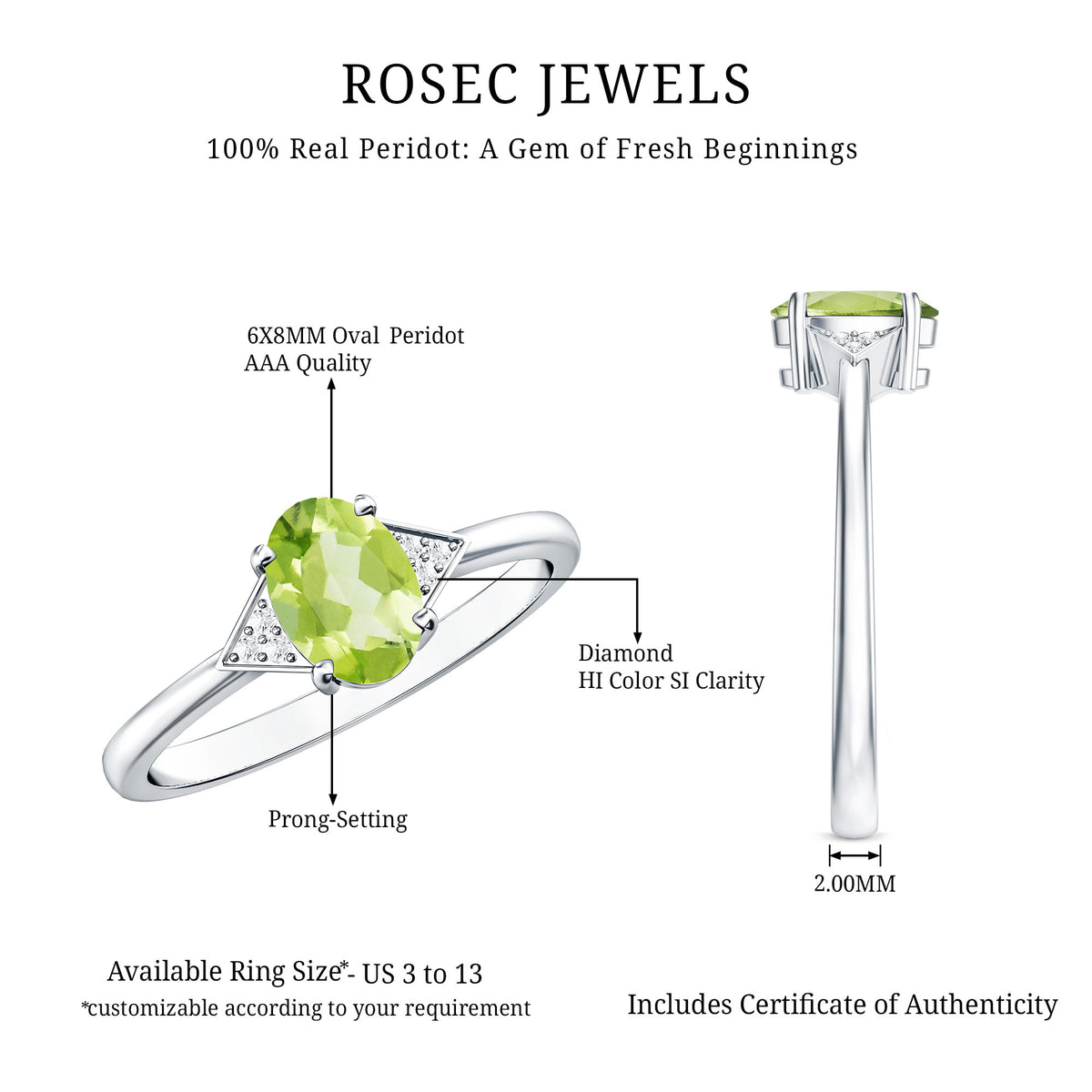 Natural Solitaire 1 Carat Peridot Oval Engagement Ring with Diamond AAA - Rosec Jewels