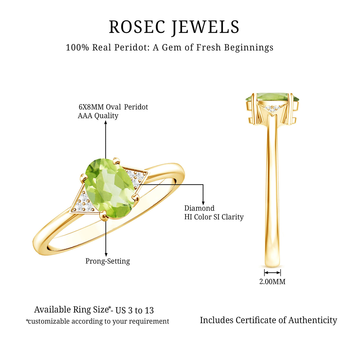 Natural Solitaire 1 Carat Peridot Oval Engagement Ring with Diamond AAA - Rosec Jewels