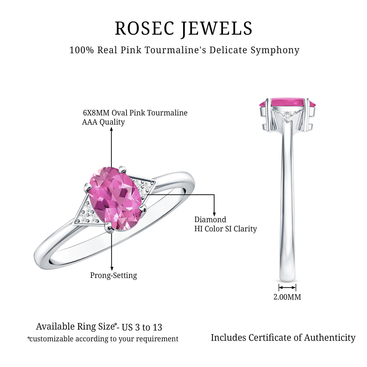 1 Carat Pink Tourmaline Oval Engagement Ring with Diamond AAA - Rosec Jewels