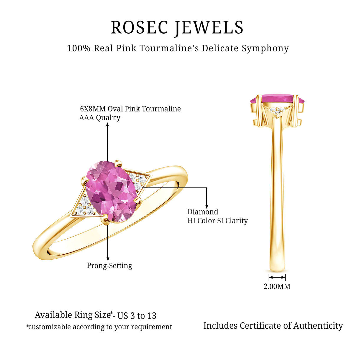 1 Carat Pink Tourmaline Oval Engagement Ring with Diamond AAA - Rosec Jewels