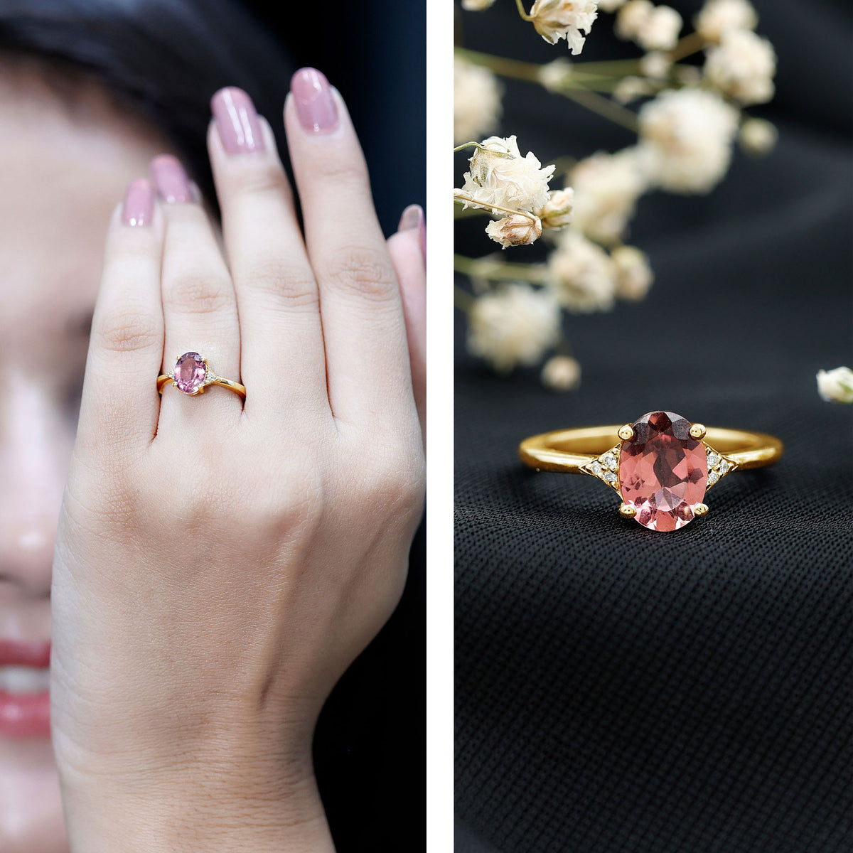 1 Carat Pink Tourmaline Oval Engagement Ring with Diamond AAA - Rosec Jewels