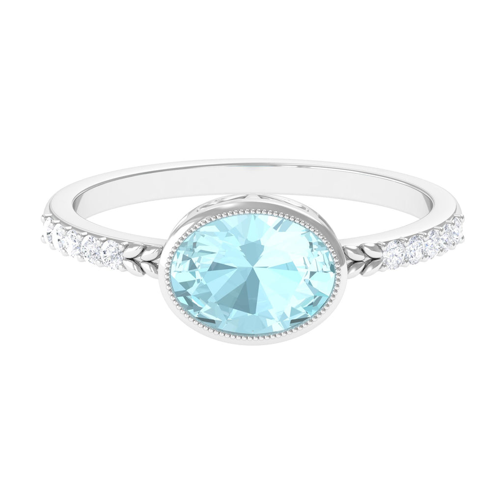 Bezel Set Oval Sky Blue Topaz East West Engagement Ring with Diamond Sky Blue Topaz - ( AAA ) - Quality - Rosec Jewels
