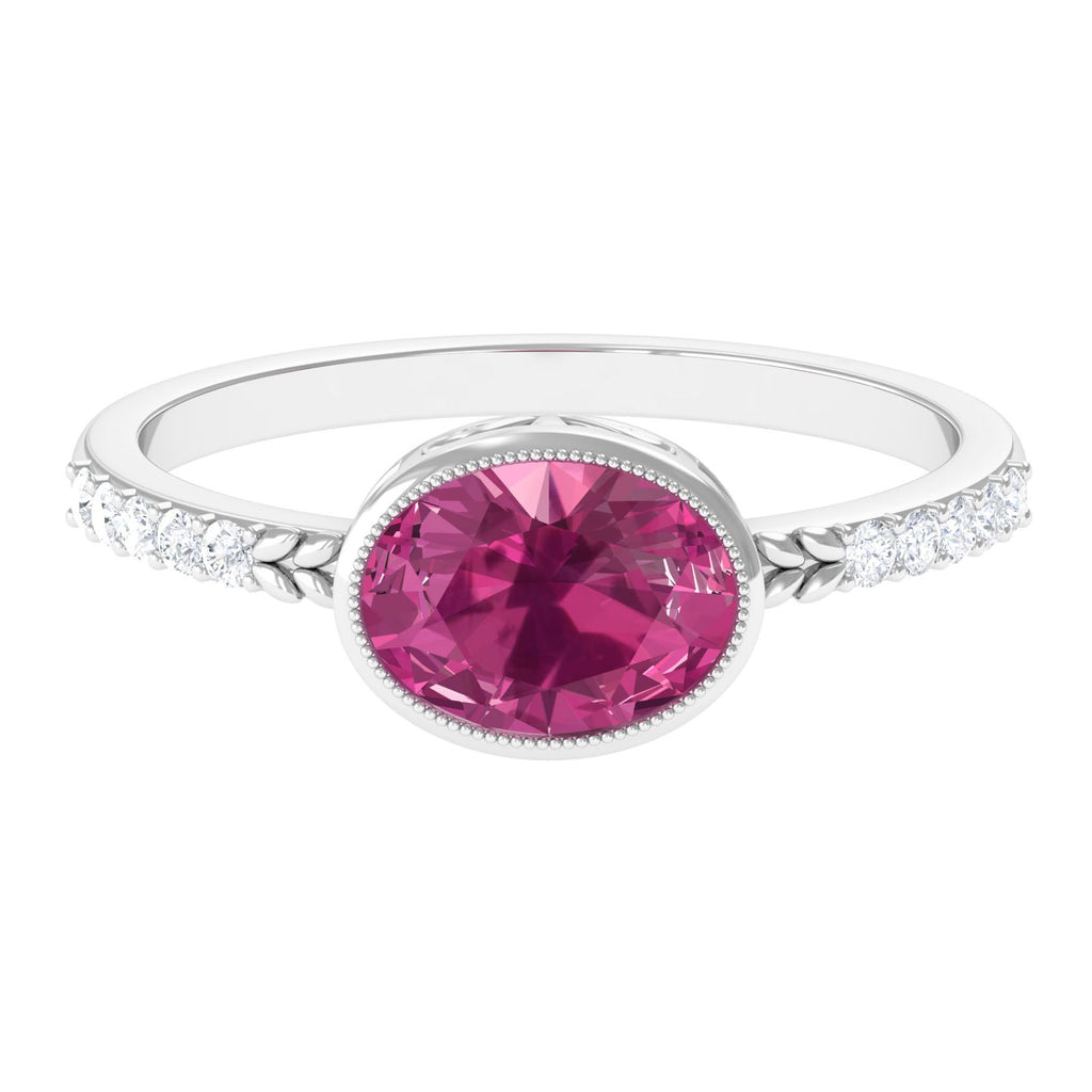 Oval Pink Tourmaline Solitaire Engagement Ring with Diamond Pink Tourmaline - ( AAA ) - Quality - Rosec Jewels