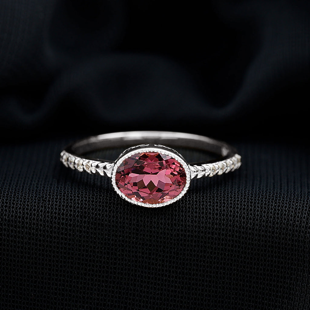 Oval Pink Tourmaline Solitaire Engagement Ring with Diamond Pink Tourmaline - ( AAA ) - Quality - Rosec Jewels