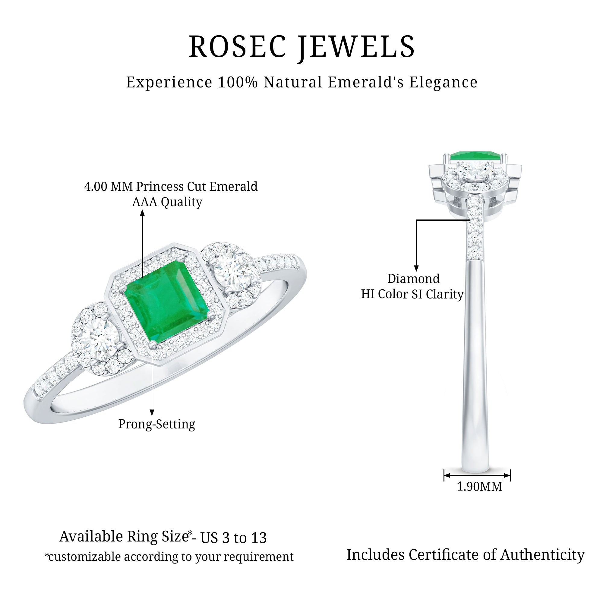 Princess Cut Emerald Classic Vintage Engagement Ring Diamond AAA - Rosec Jewels