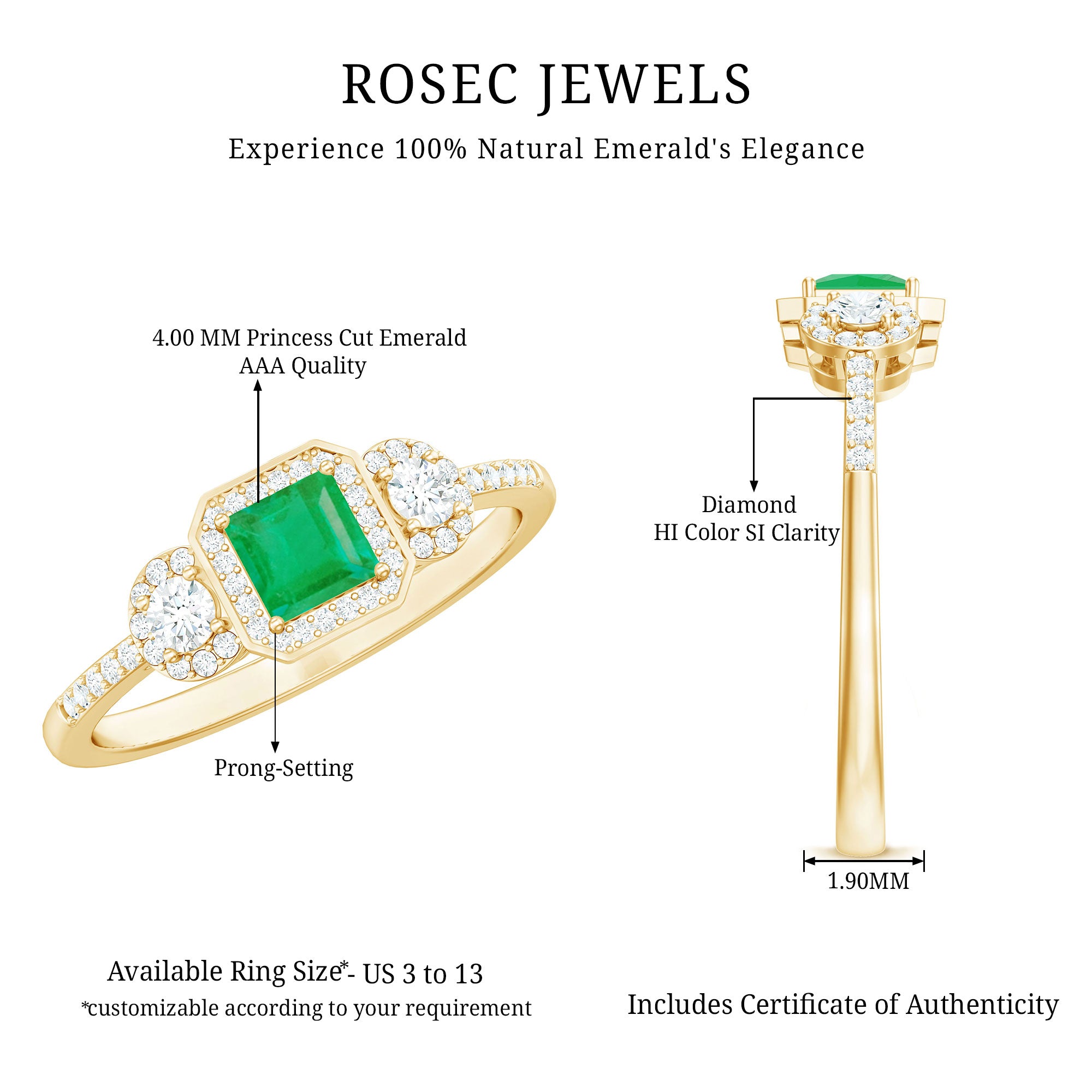 Princess Cut Emerald Classic Vintage Engagement Ring Diamond AAA - Rosec Jewels