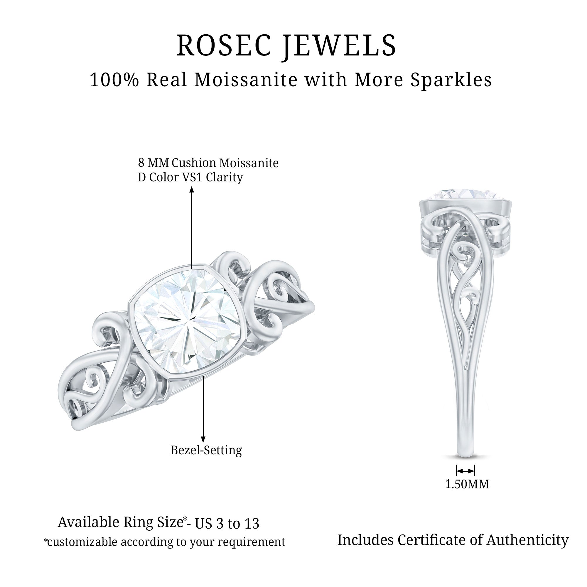 Vintage Style Cushion Moissanite Solitaire Ring in Bezel Setting D-VS1 - Rosec Jewels