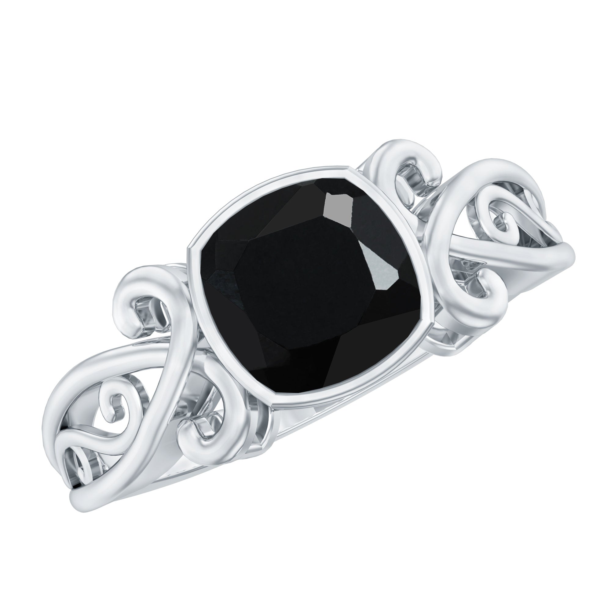 Cushion Black Spinel Solitaire Vintage Inspired Ring in Bezel Setting