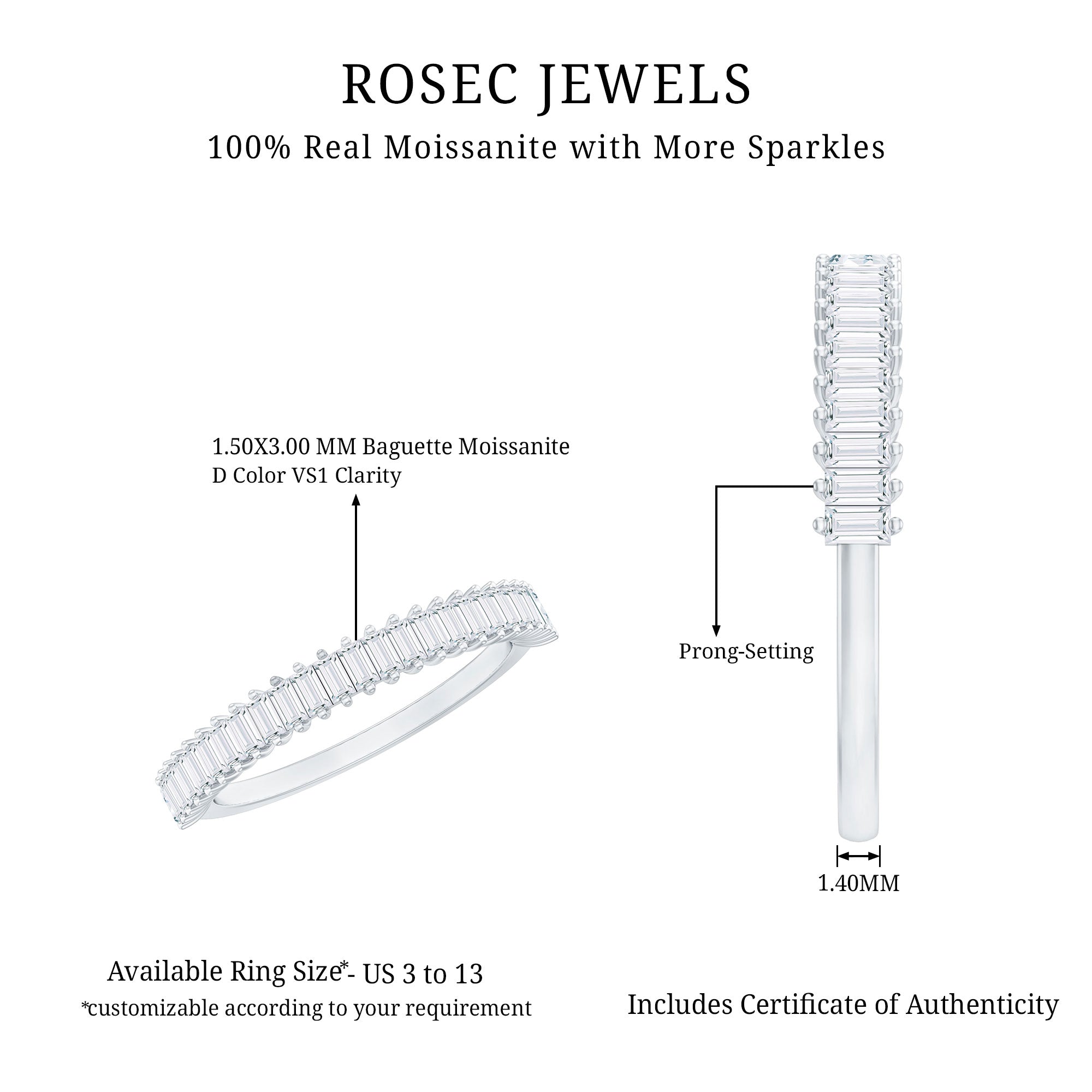 Certified Baguette Moissanite Half Eternity Band Ring D-VS1 - Rosec Jewels