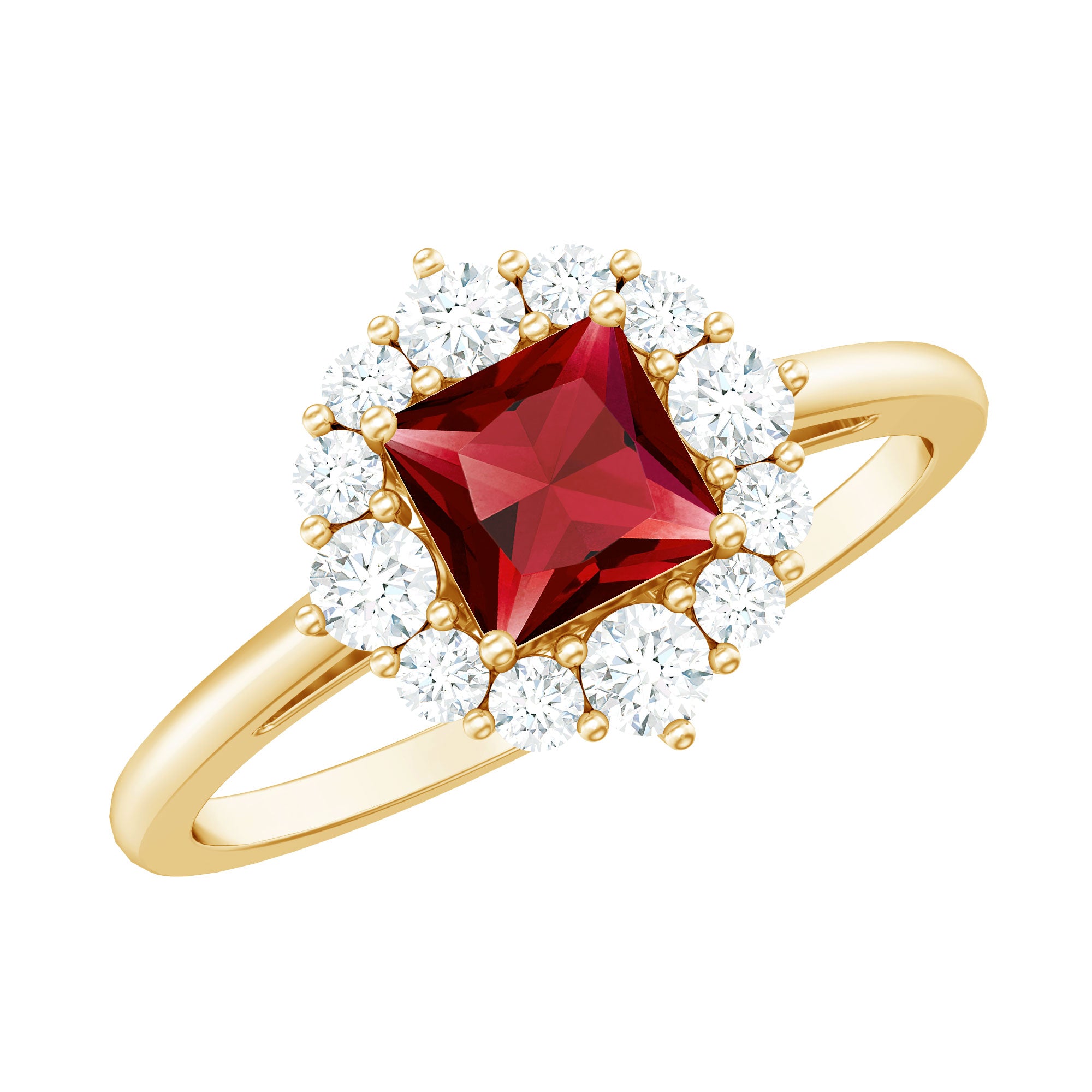 Certified Lab Grown Ruby Princess Cut Engagement Ring with Diamond Halo AAAA - Rosec Jewels