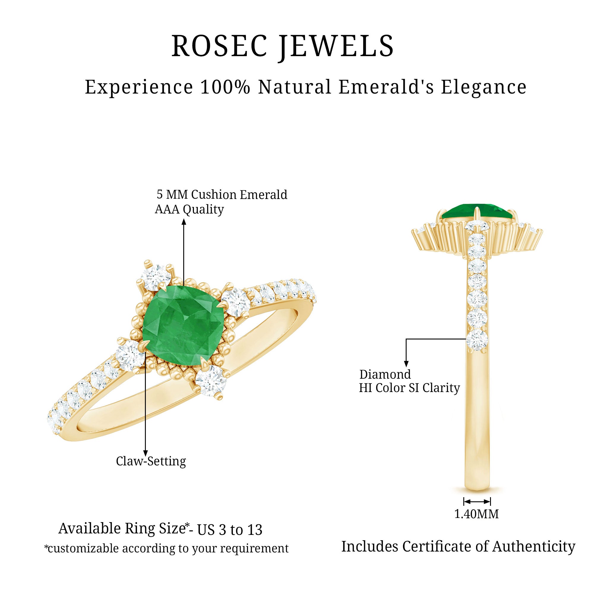 Antique Looking Real Emerald Cushion Cut Engagement Ring with Diamond AAA - Rosec Jewels