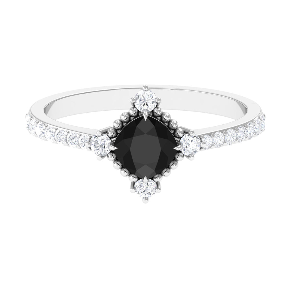 1 CT Cushion Black Spinel Solitaire Engagement Ring with Diamond Side Stones Black Spinel - ( AAA ) - Quality - Rosec Jewels