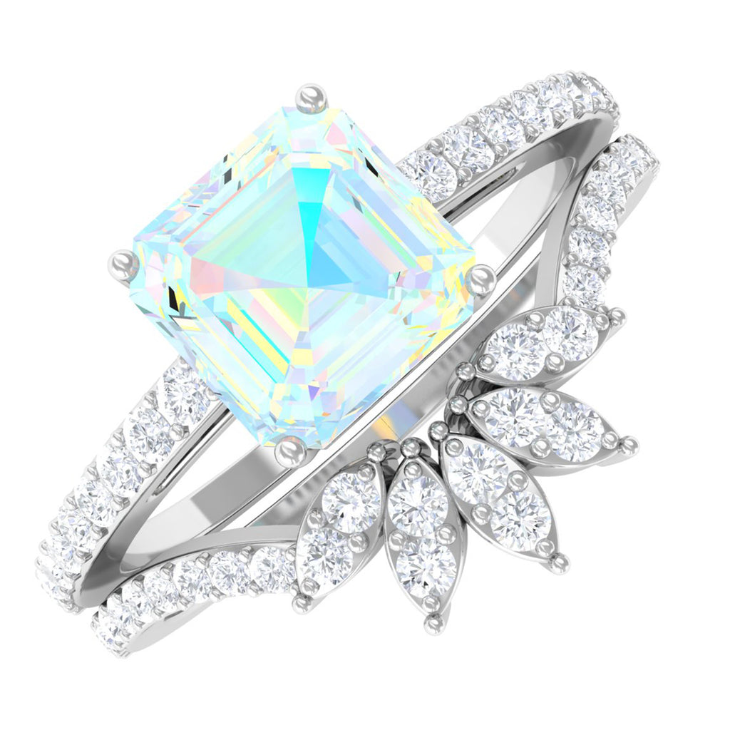 Asscher Cut Ethiopian Opal Solitaire Wedding Ring Set with Diamond Accent Ethiopian Opal - ( AAA ) - Quality - Rosec Jewels