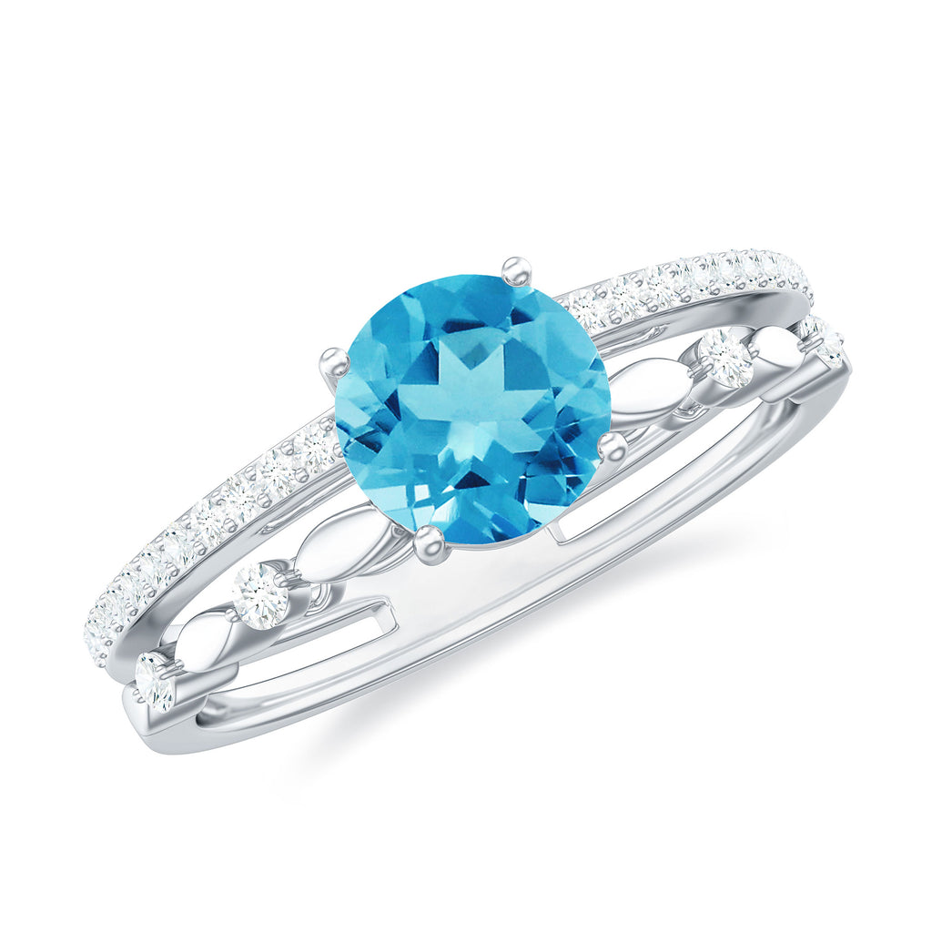 Round Shape Swiss Blue Topaz Solitaire Double Band Ring with Diamond Swiss Blue Topaz - ( AAA ) - Quality - Rosec Jewels