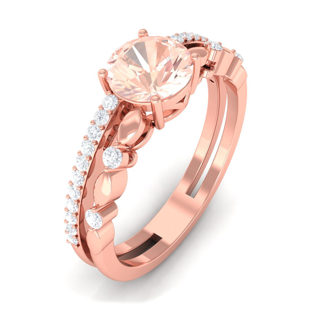Round Shape Morganite Solitaire Double Band Ring with Diamond Morganite - ( AAA ) - Quality - Rosec Jewels