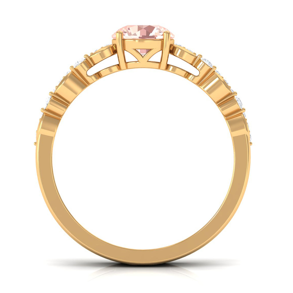 Round Shape Morganite Solitaire Double Band Ring with Diamond Morganite - ( AAA ) - Quality - Rosec Jewels
