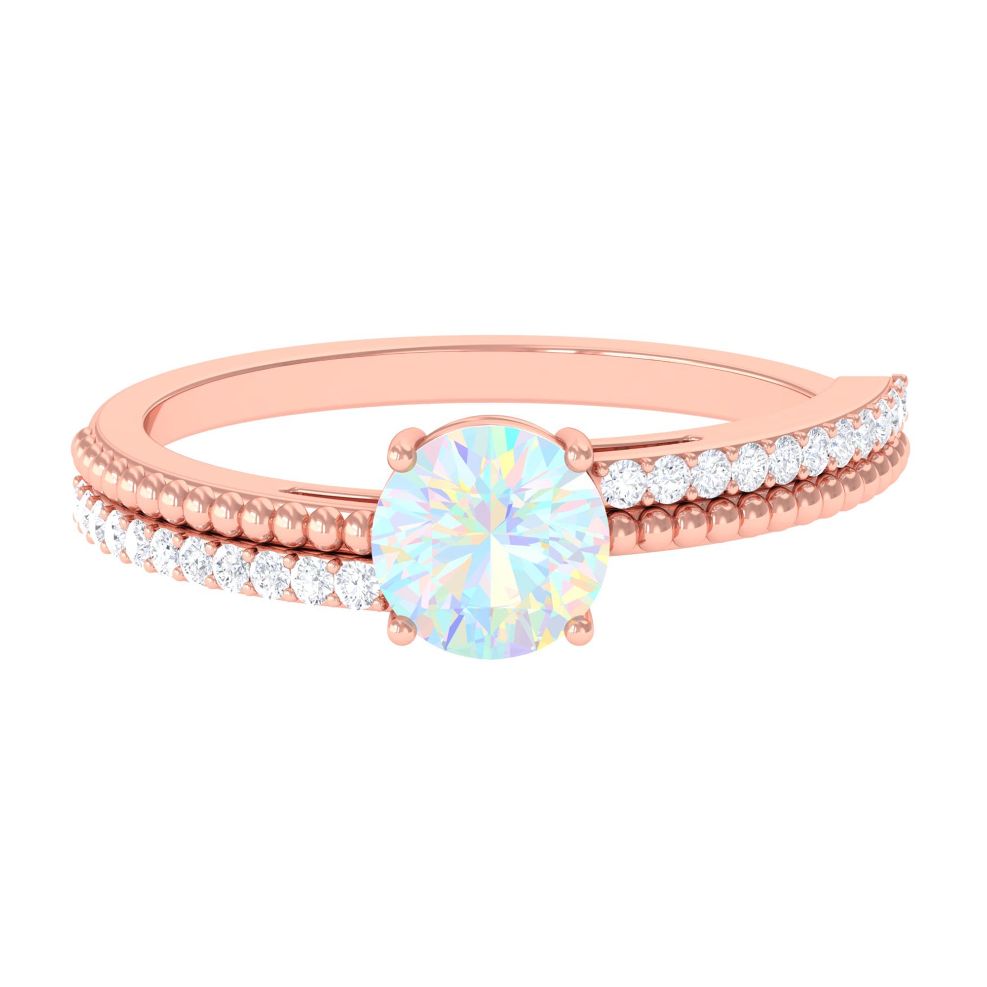 Round Ethiopian Opal Solitaire Ring with Diamond Side Stones Ethiopian Opal - ( AAA ) - Quality - Rosec Jewels