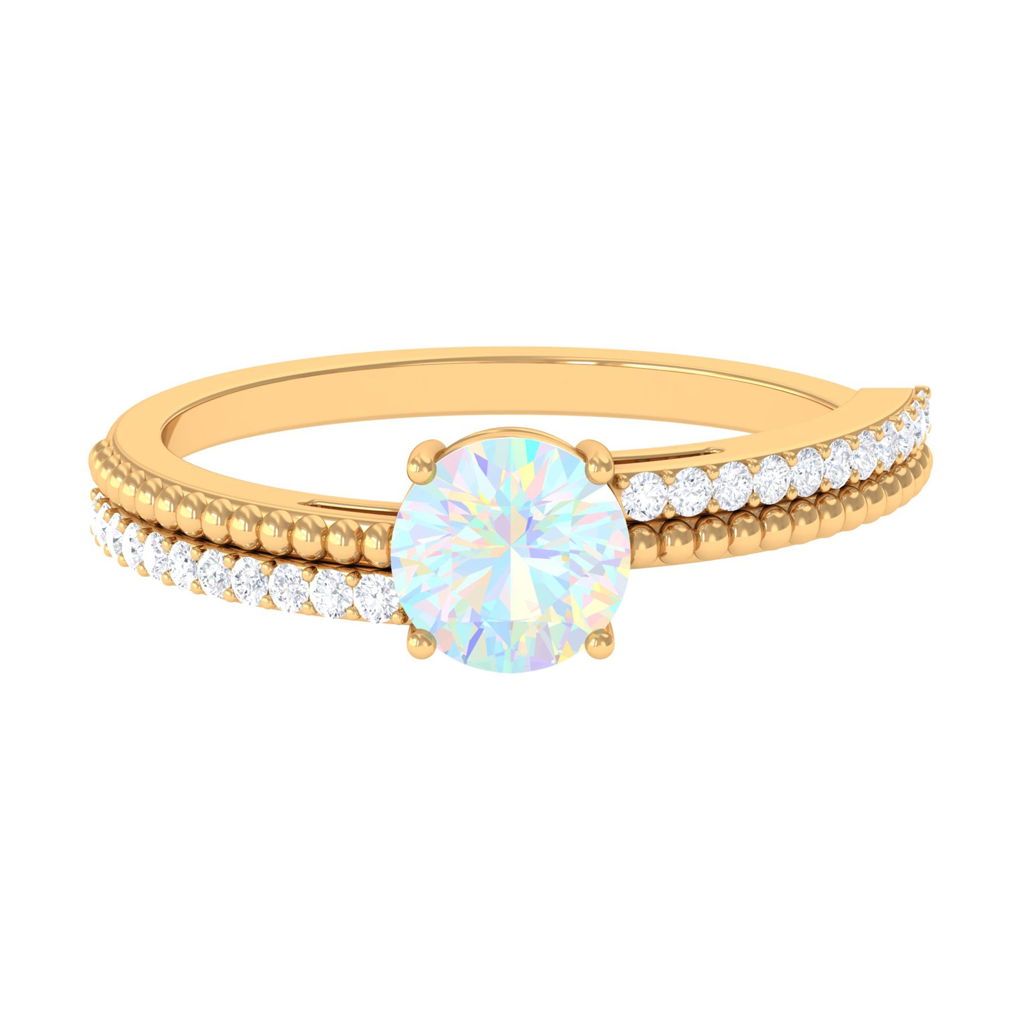 Round Ethiopian Opal Solitaire Ring with Diamond Side Stones Ethiopian Opal - ( AAA ) - Quality - Rosec Jewels