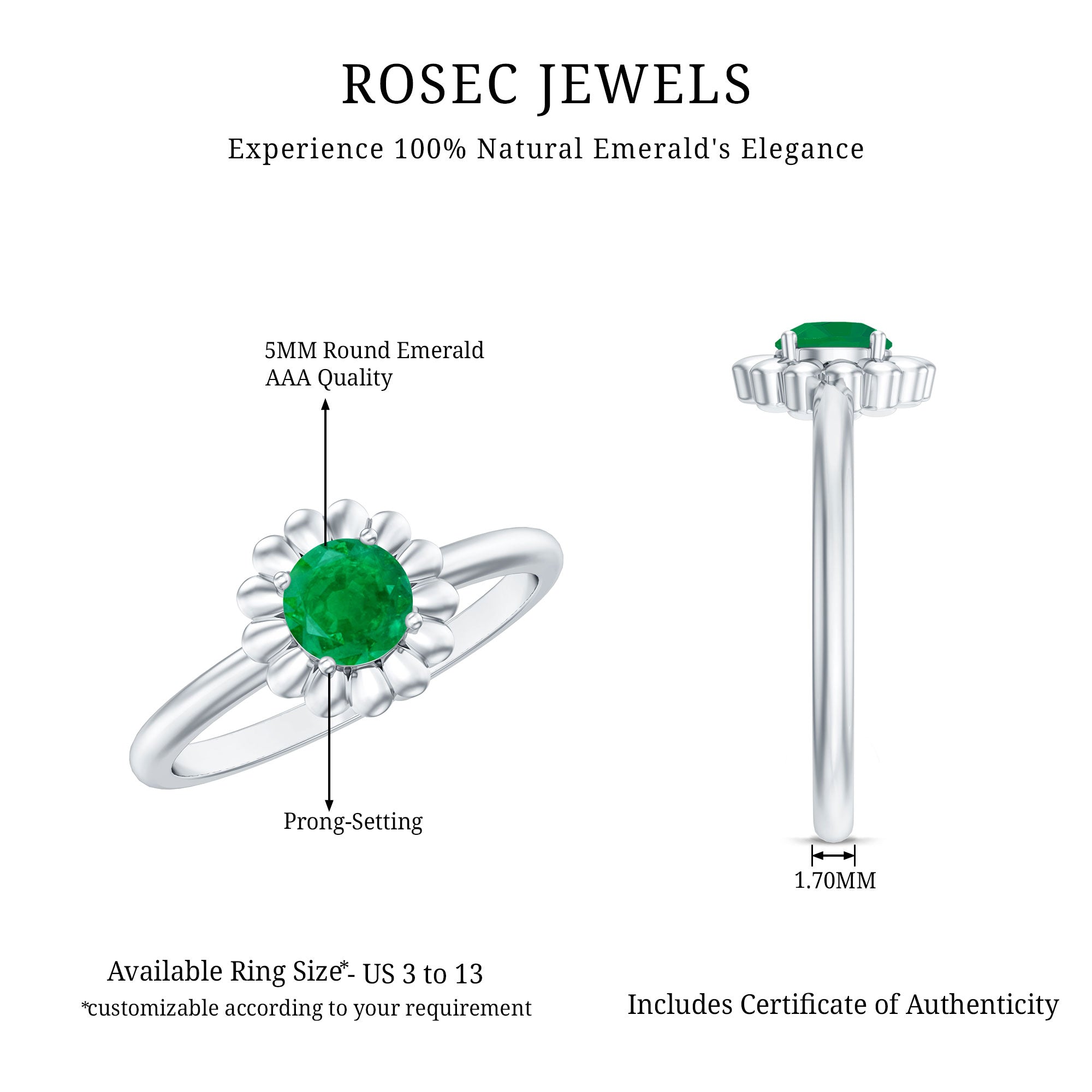 Certified Natural Emerald Flower Promise Ring with Certificate AAA - Rosec Jewels