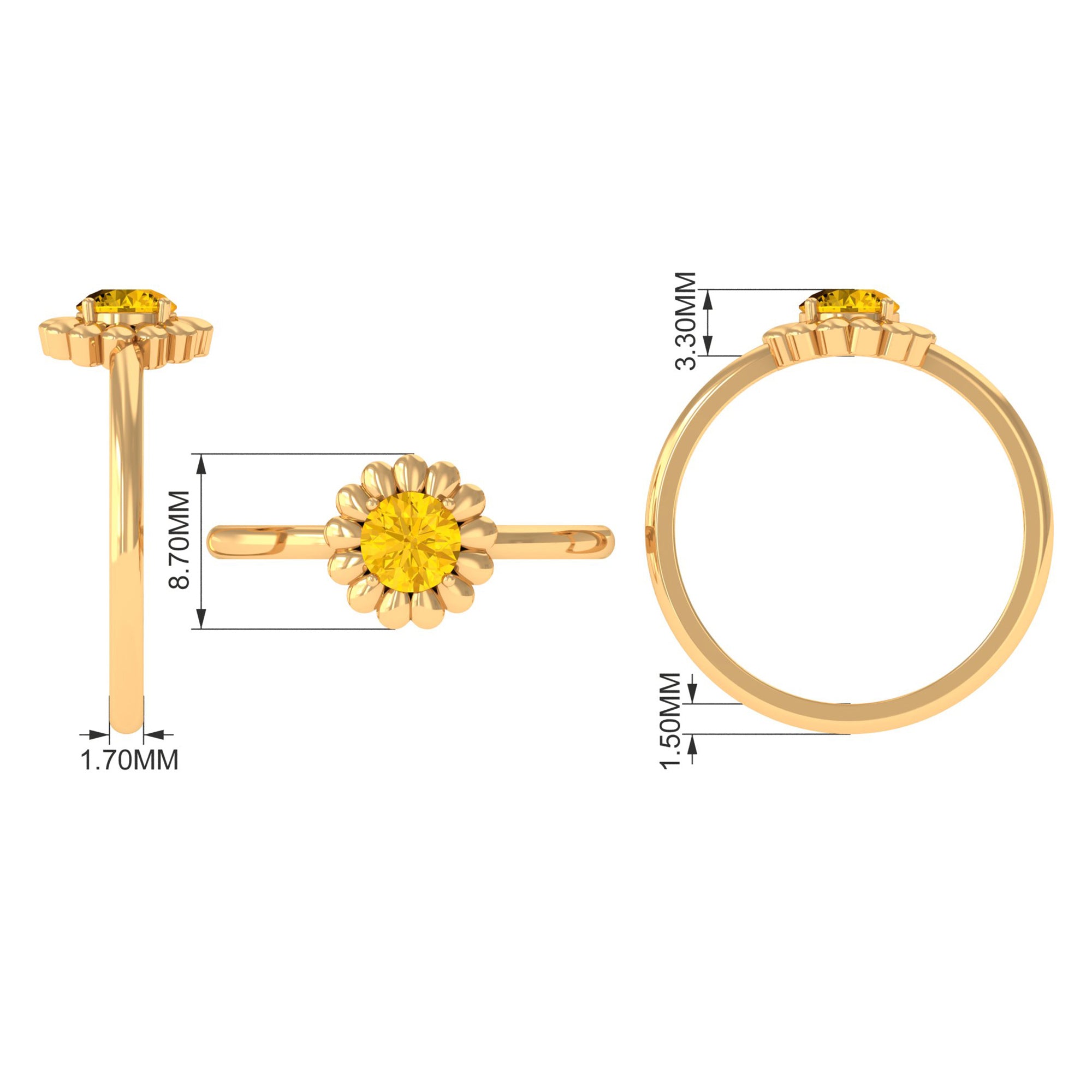 1/2 CT Round Cut Solitaire Yellow Sapphire Gold Flower Engagement Ring Yellow Sapphire - ( AAA ) - Quality - Rosec Jewels
